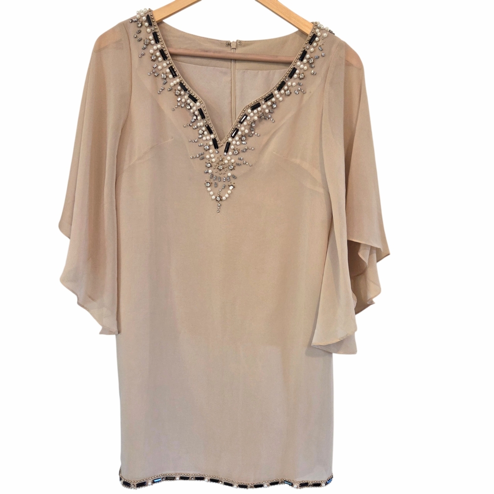 Beaded Sheer Chiffon Cocktail Dress Flutter Sleeves Romantic Vintage Shift Flowy